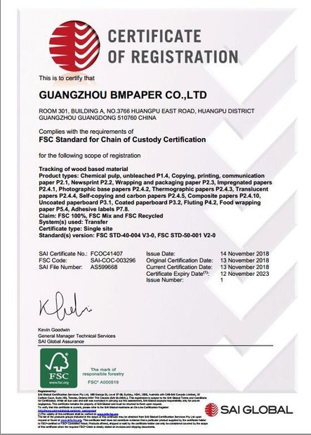 Китай GUANGZHOU BMPAPER CO., LTD. Сертификаты